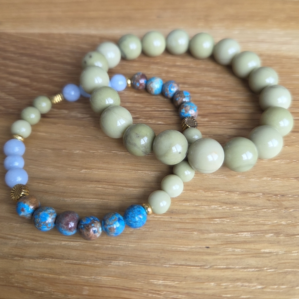 Green Matcha Jasper & Blue Angelite Beads Stretch Bracelet Set, Handcrafted - Picture 8 of 13